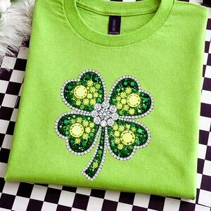 St Patrick's T-shirt Bling Faux Rhinestone Four Leaf clover Green New S M L XL